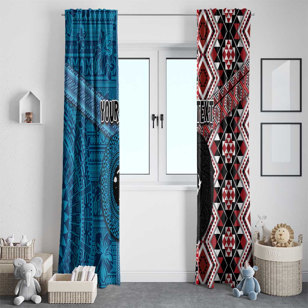 Personalised Aotearoa and Fiji Together Window Curtain Melanesian Warrior and Koru - Taniko with Hibiscus Tapa Pattern