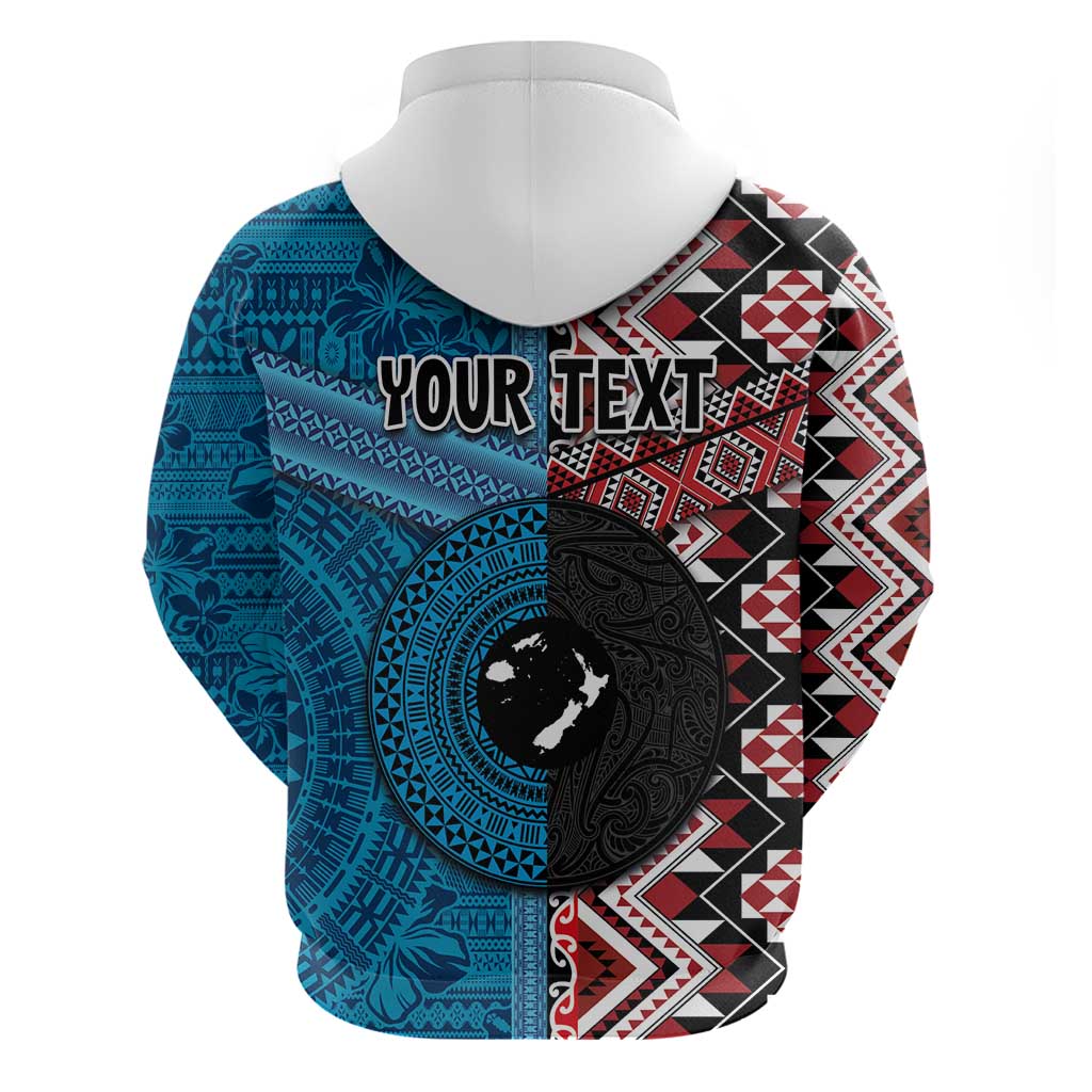Personalised Aotearoa and Fiji Together Zip Hoodie Melanesian Warrior and Koru - Taniko with Hibiscus Tapa Pattern