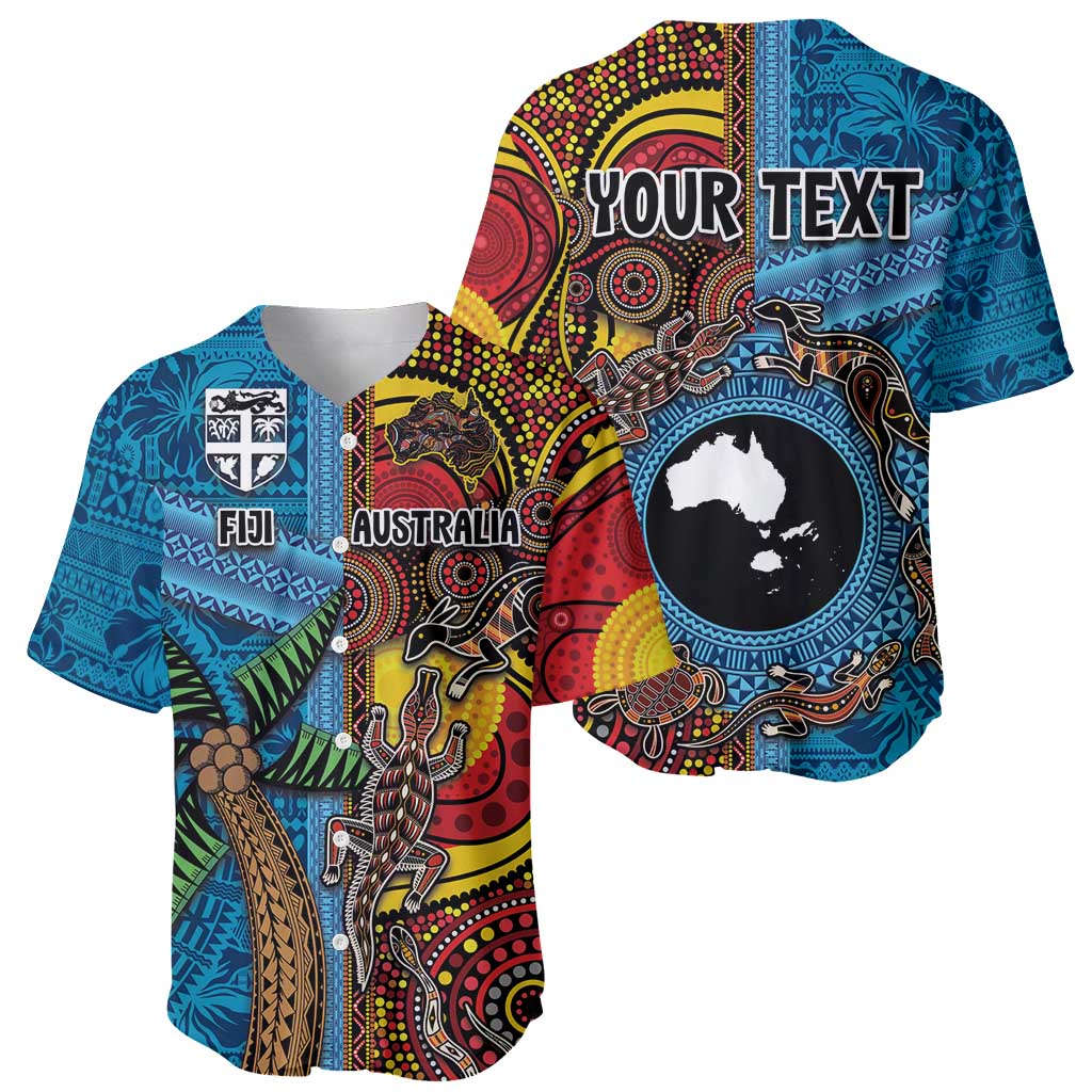 Personalised Australia and Fiji Together Baseball Jersey Tribal Palm Tree with Tapa and Aboriginal Animals Half Style LT03 - Polynesian Pride