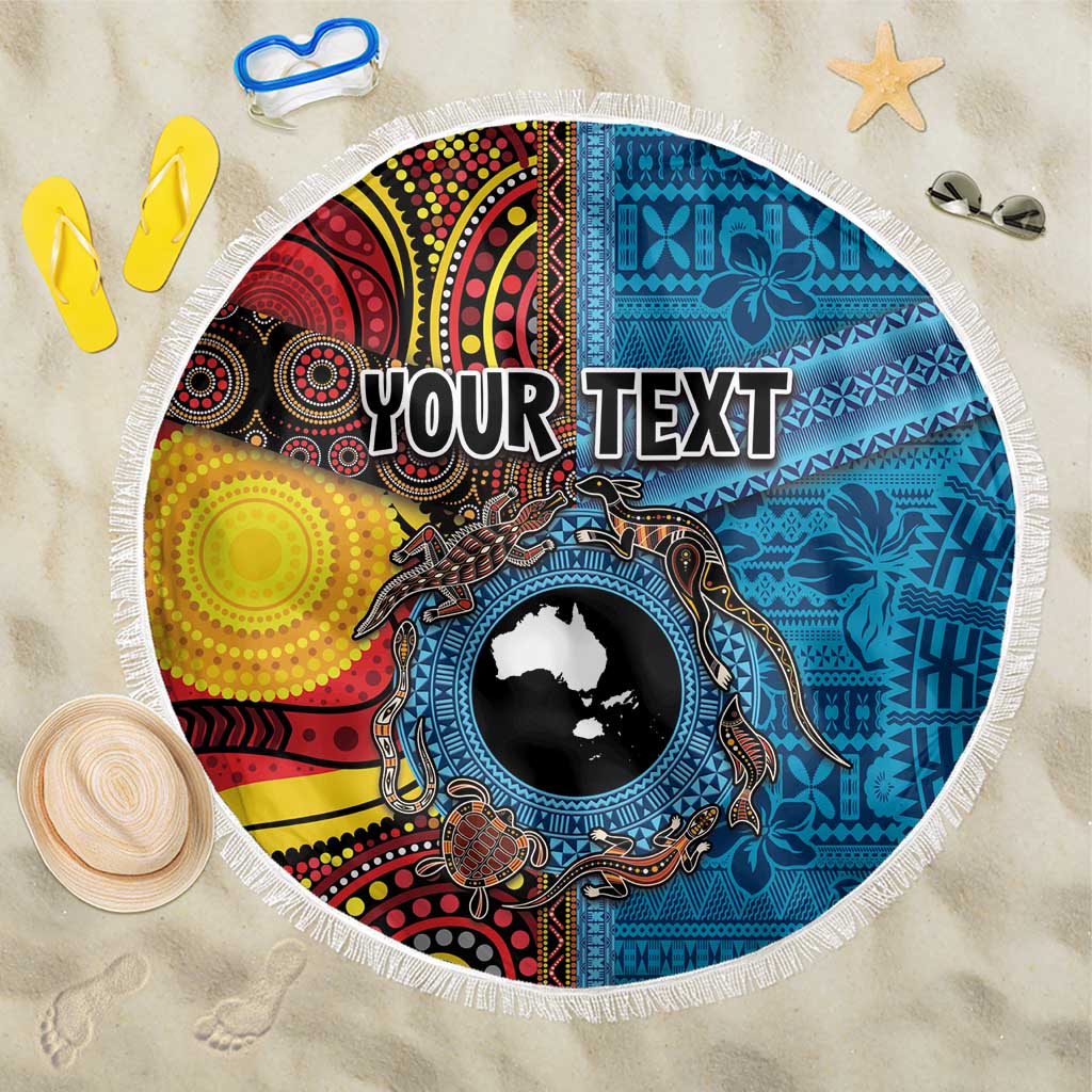 Personalised Australia and Fiji Together Beach Blanket Tribal Palm Tree with Tapa and Aboriginal Animals Half Style