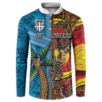Personalised Australia and Fiji Together Button Sweatshirt Tribal Palm Tree with Tapa and Aboriginal Animals Half Style
