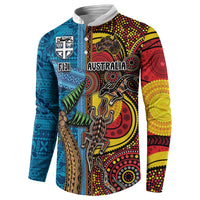 Personalised Australia and Fiji Together Button Sweatshirt Tribal Palm Tree with Tapa and Aboriginal Animals Half Style