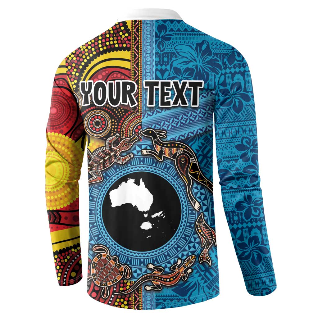Personalised Australia and Fiji Together Button Sweatshirt Tribal Palm Tree with Tapa and Aboriginal Animals Half Style