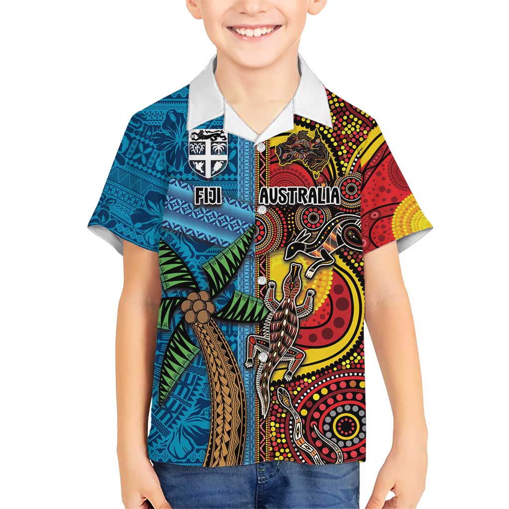 Personalised Australia and Fiji Together Kid Hawaiian Shirt Tribal Palm Tree with Tapa and Aboriginal Animals Half Style