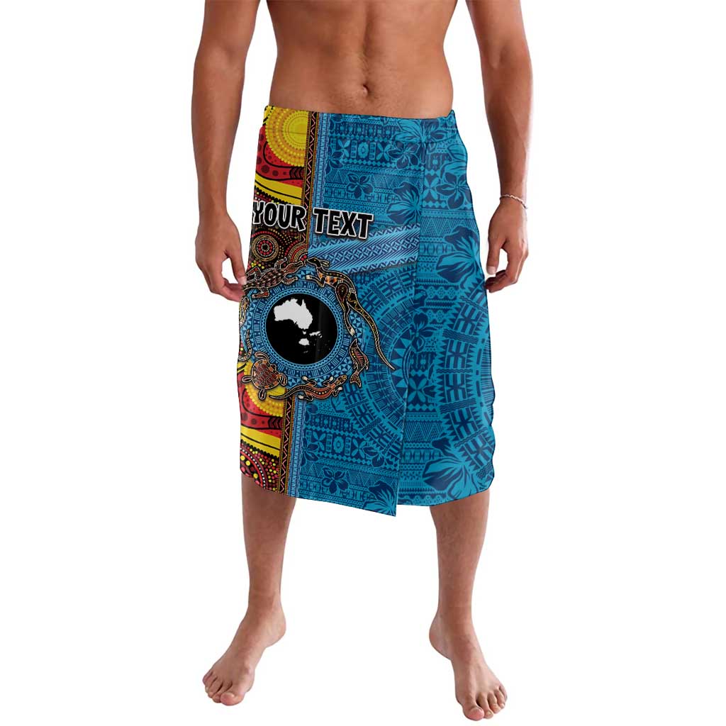 Personalised Australia and Fiji Together Lavalava Tribal Palm Tree with Tapa and Aboriginal Animals Half Style