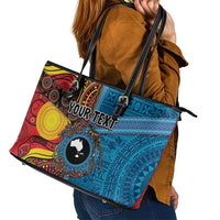 Personalised Australia and Fiji Together Leather Tote Bag Tribal Palm Tree with Tapa and Aboriginal Animals Half Style