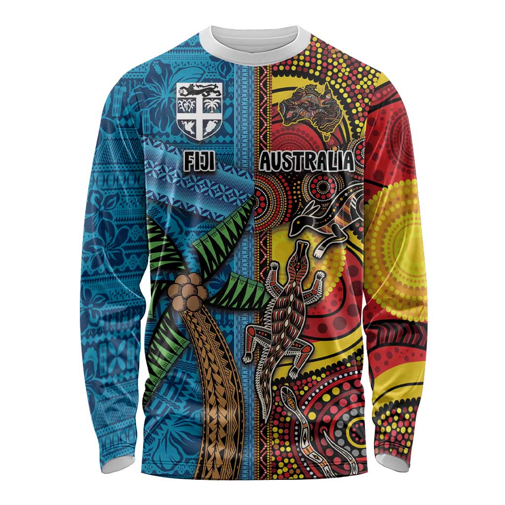 Personalised Australia and Fiji Together Long Sleeve Shirt Tribal Palm Tree with Tapa and Aboriginal Animals Half Style