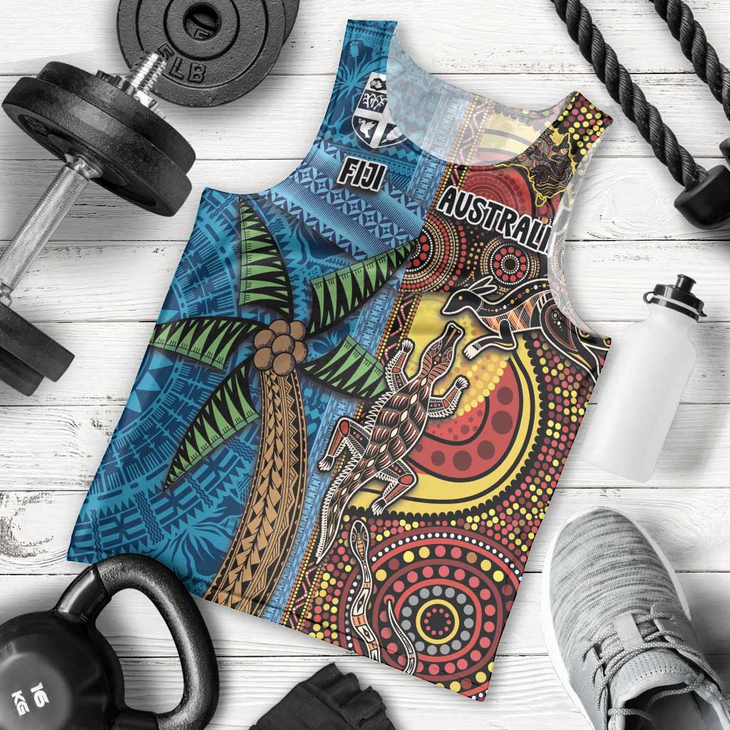Personalised Australia and Fiji Together Men Tank Top Tribal Palm Tree with Tapa and Aboriginal Animals Half Style