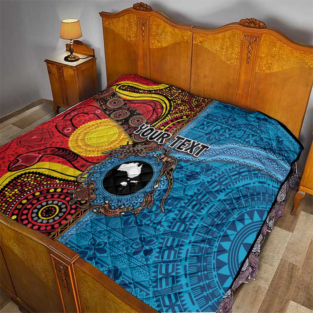 Personalised Australia and Fiji Together Quilt Tribal Palm Tree with Tapa and Aboriginal Animals Half Style