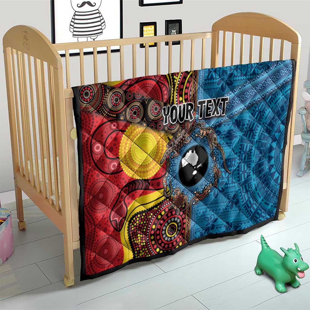 Personalised Australia and Fiji Together Quilt Tribal Palm Tree with Tapa and Aboriginal Animals Half Style