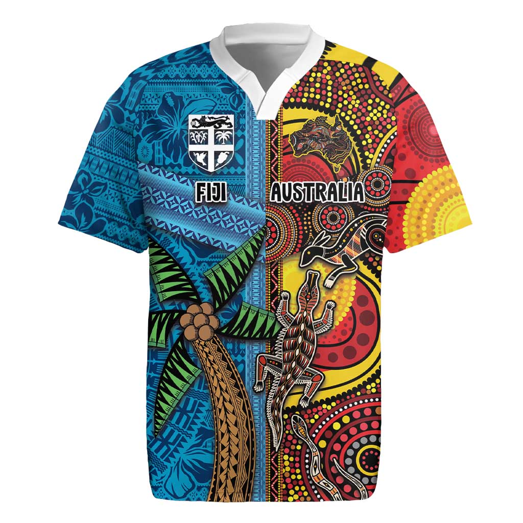 Personalised Australia and Fiji Together Rugby Jersey Tribal Palm Tree with Tapa and Aboriginal Animals Half Style