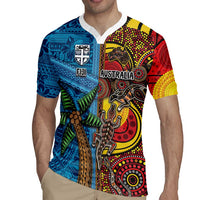 Personalised Australia and Fiji Together Rugby Jersey Tribal Palm Tree with Tapa and Aboriginal Animals Half Style