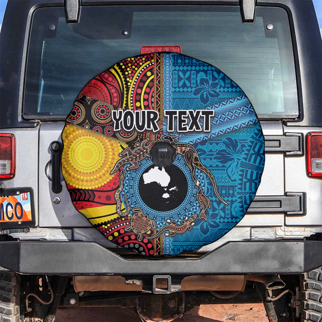 Personalised Australia and Fiji Together Spare Tire Cover Tribal Palm Tree with Tapa and Aboriginal Animals Half Style