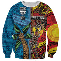 Personalised Australia and Fiji Together Sweatshirt Tribal Palm Tree with Tapa and Aboriginal Animals Half Style LT03 Unisex Blue - Polynesian Pride