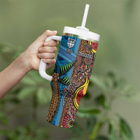 Personalised Australia and Fiji Together Tumbler With Handle Tribal Palm Tree with Tapa and Aboriginal Animals Half Style