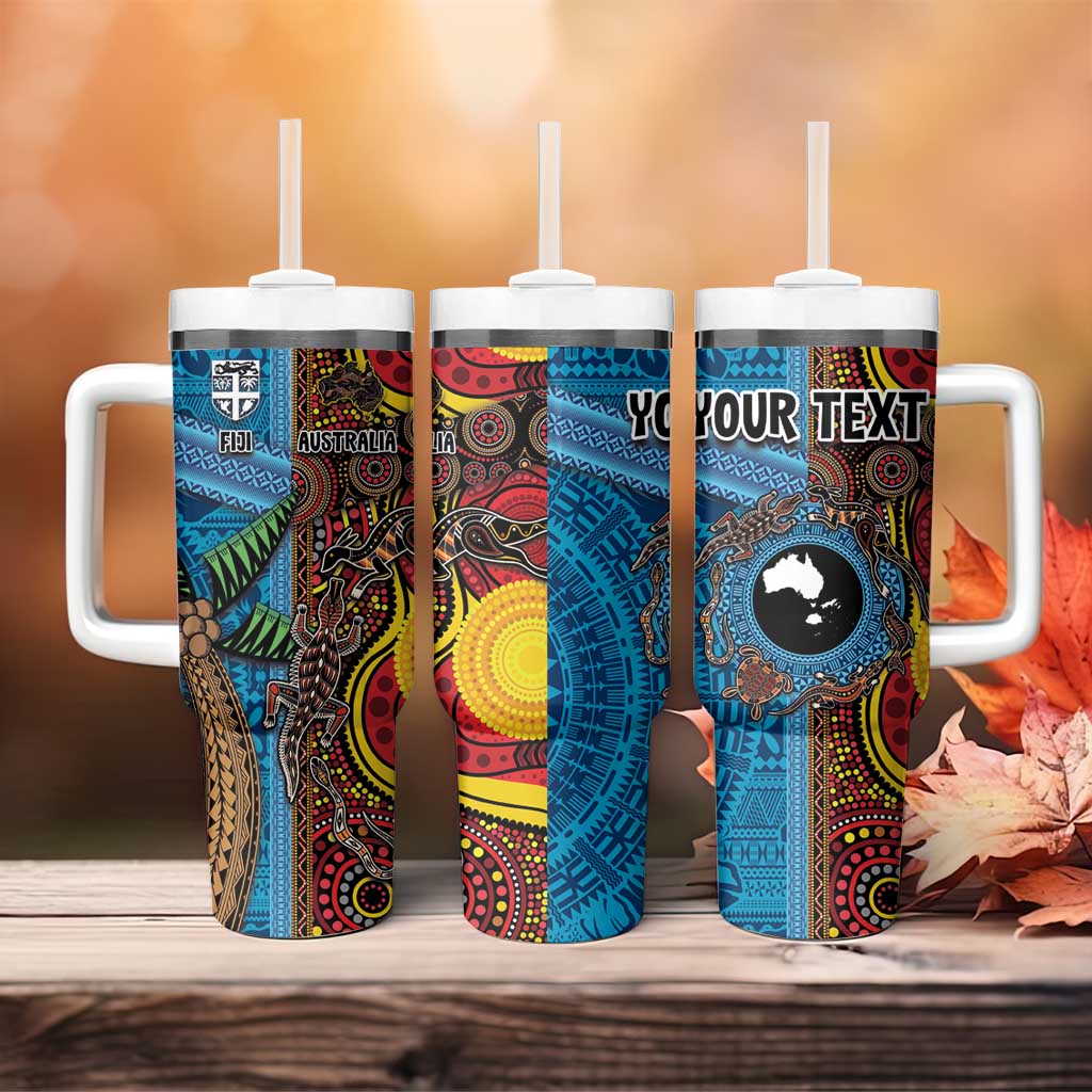 Personalised Australia and Fiji Together Tumbler With Handle Tribal Palm Tree with Tapa and Aboriginal Animals Half Style