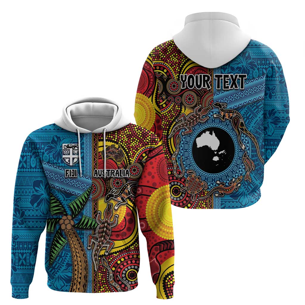 Personalised Australia and Fiji Together Zip Hoodie Tribal Palm Tree with Tapa and Aboriginal Animals Half Style