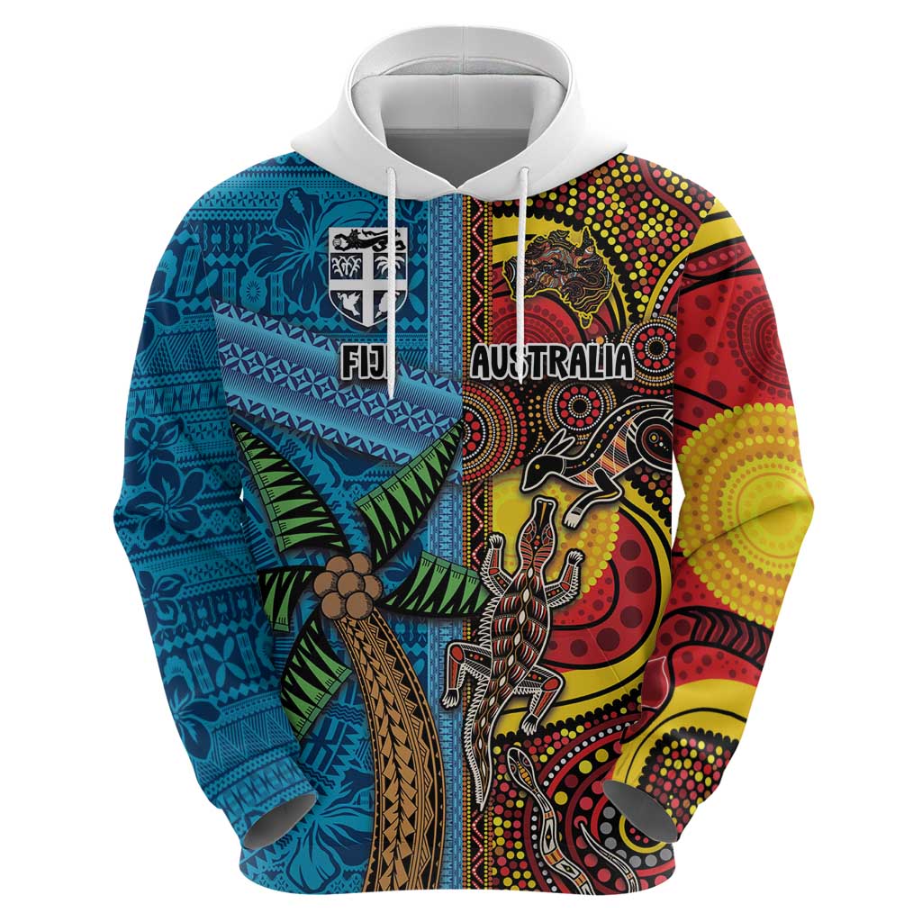 Personalised Australia and Fiji Together Zip Hoodie Tribal Palm Tree with Tapa and Aboriginal Animals Half Style