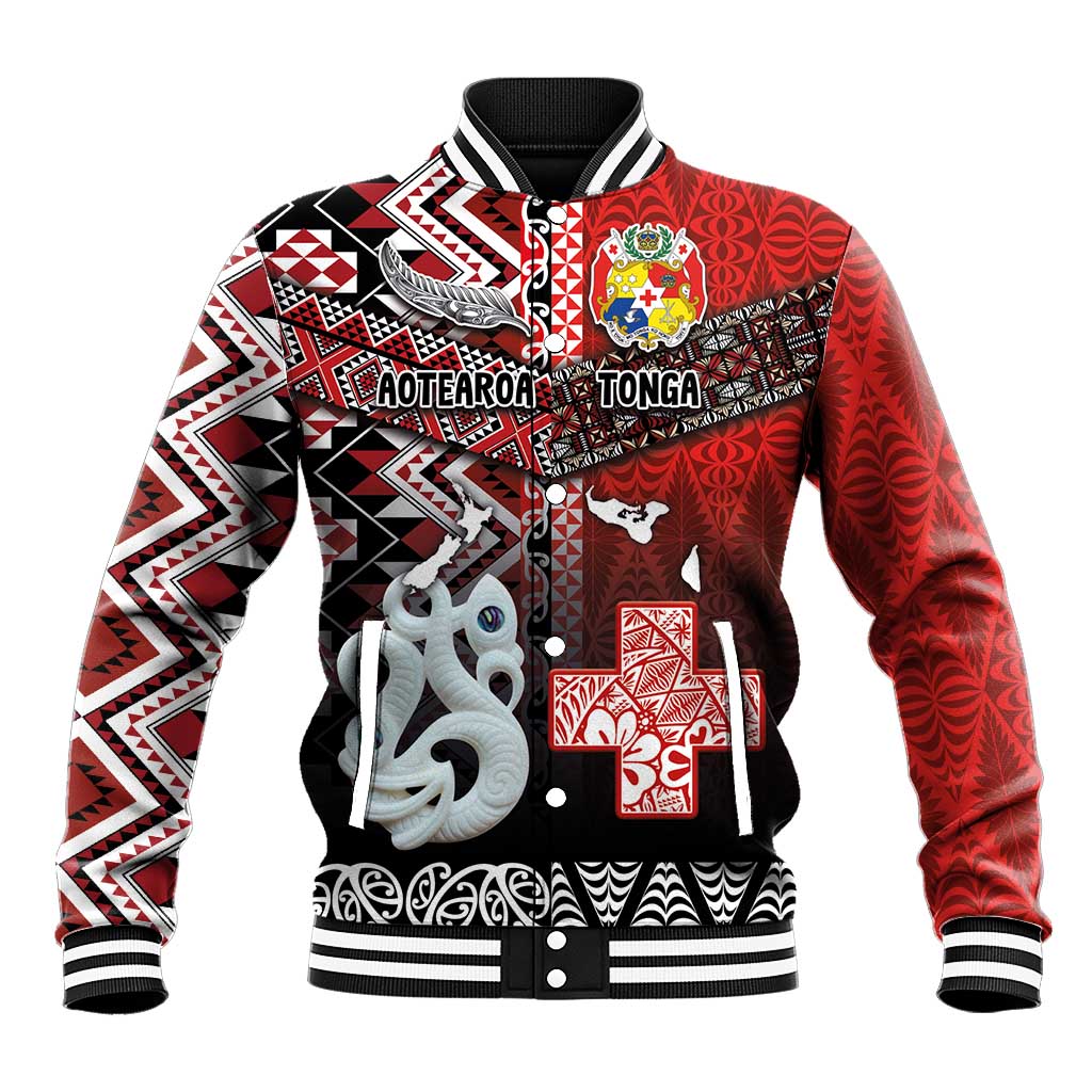 Personalised Aotearoa and Tonga Together Baseball Jacket Manaia and Tongan Tribal Cross - Taniko and Ngatu Art Tattoo