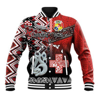 Personalised Aotearoa and Tonga Together Baseball Jacket Manaia and Tongan Tribal Cross - Taniko and Ngatu Art Tattoo