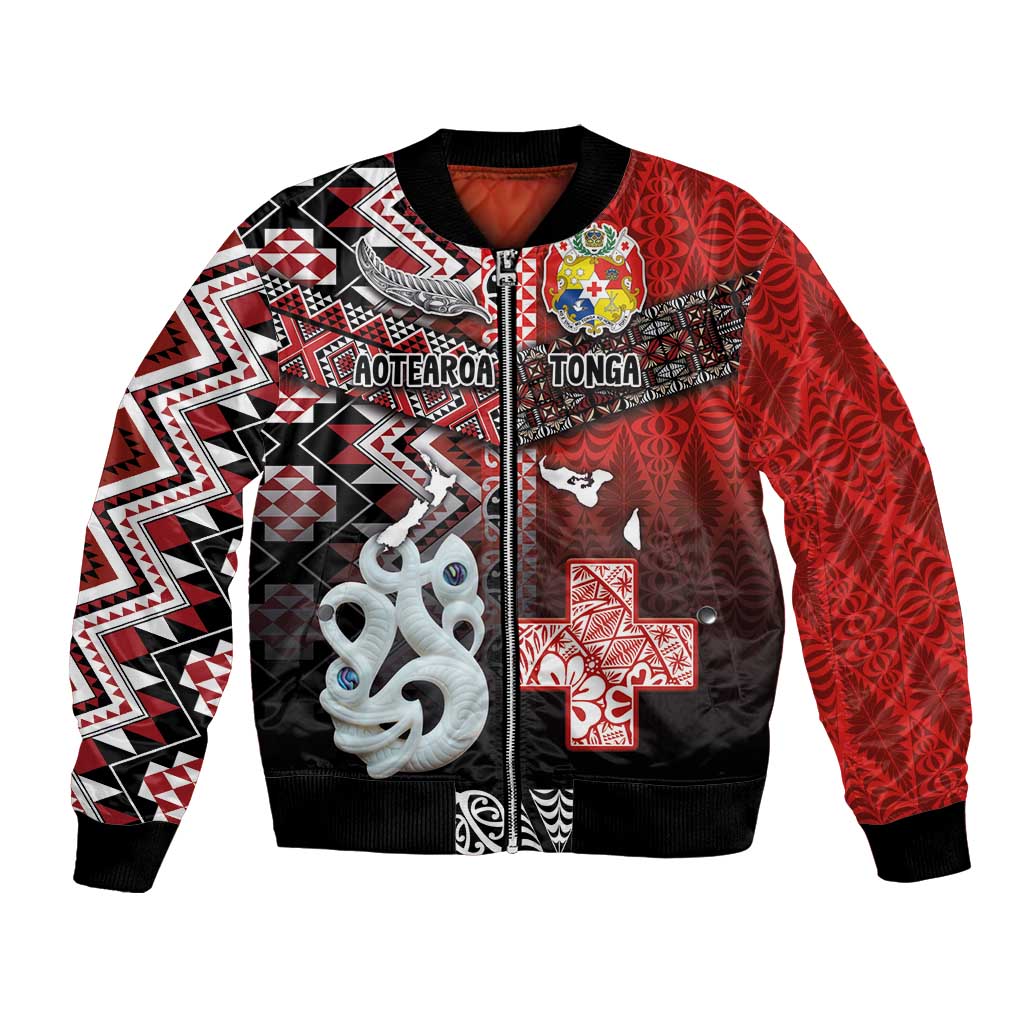 Personalised Aotearoa and Tonga Together Bomber Jacket Manaia and Tongan Tribal Cross - Taniko and Ngatu Art Tattoo