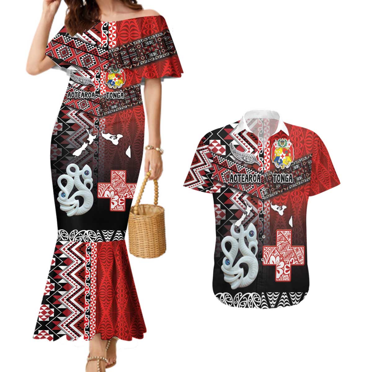 Personalised Aotearoa and Tonga Together Couples Matching Mermaid Dress and Hawaiian Shirt Manaia and Tongan Tribal Cross - Taniko and Ngatu Art Tattoo