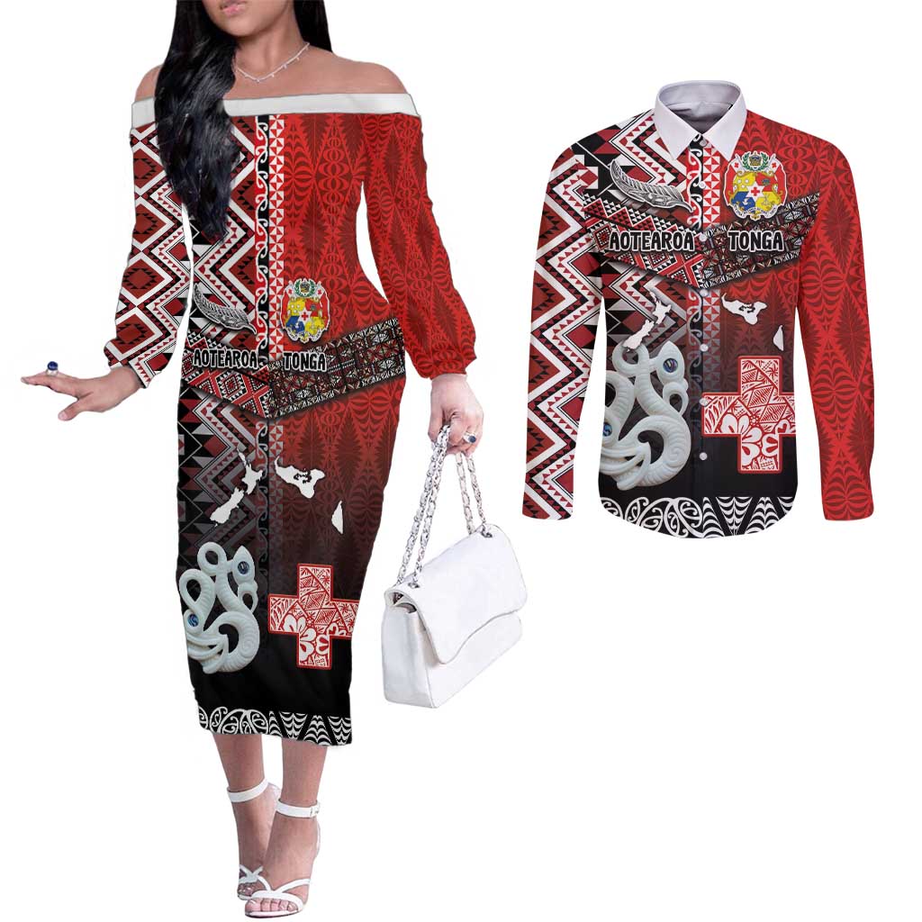 Personalised Aotearoa and Tonga Together Couples Matching Off The Shoulder Long Sleeve Dress and Long Sleeve Button Shirt Manaia and Tongan Tribal Cross - Taniko and Ngatu Art Tattoo