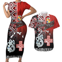 Personalised Aotearoa and Tonga Together Couples Matching Short Sleeve Bodycon Dress and Hawaiian Shirt Manaia and Tongan Tribal Cross - Taniko and Ngatu Art Tattoo