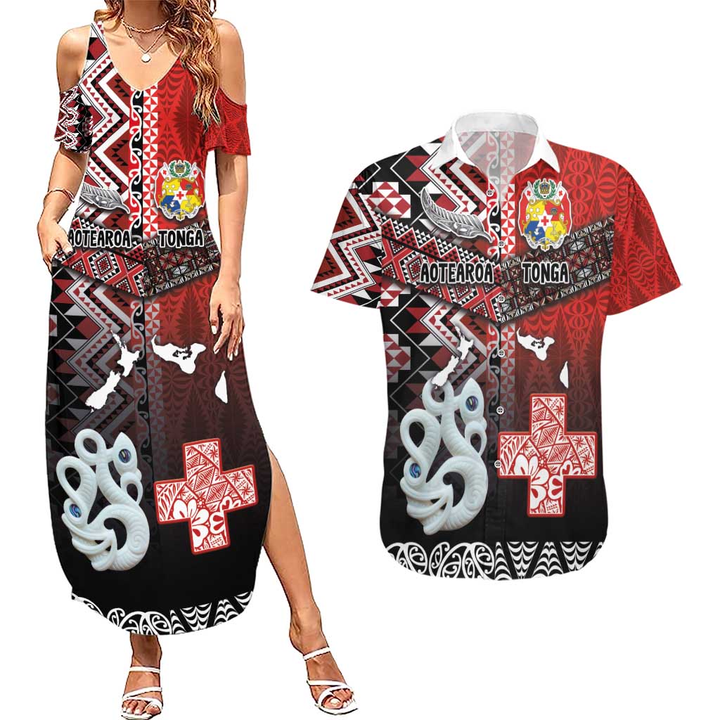 Personalised Aotearoa and Tonga Together Couples Matching Summer Maxi Dress and Hawaiian Shirt Manaia and Tongan Tribal Cross - Taniko and Ngatu Art Tattoo LT03 Red - Polynesian Pride