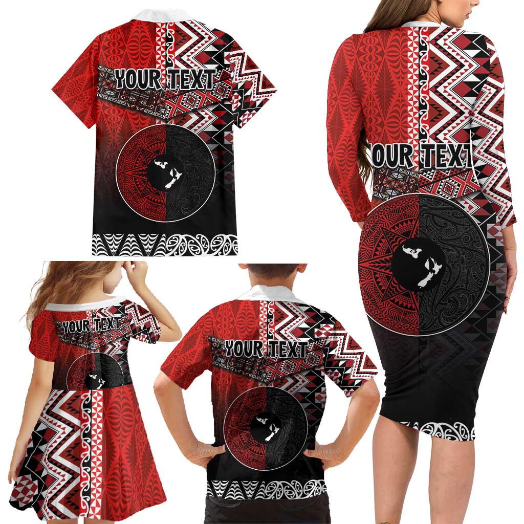Personalised Aotearoa and Tonga Together Family Matching Long Sleeve Bodycon Dress and Hawaiian Shirt Manaia and Tongan Tribal Cross - Taniko and Ngatu Art Tattoo