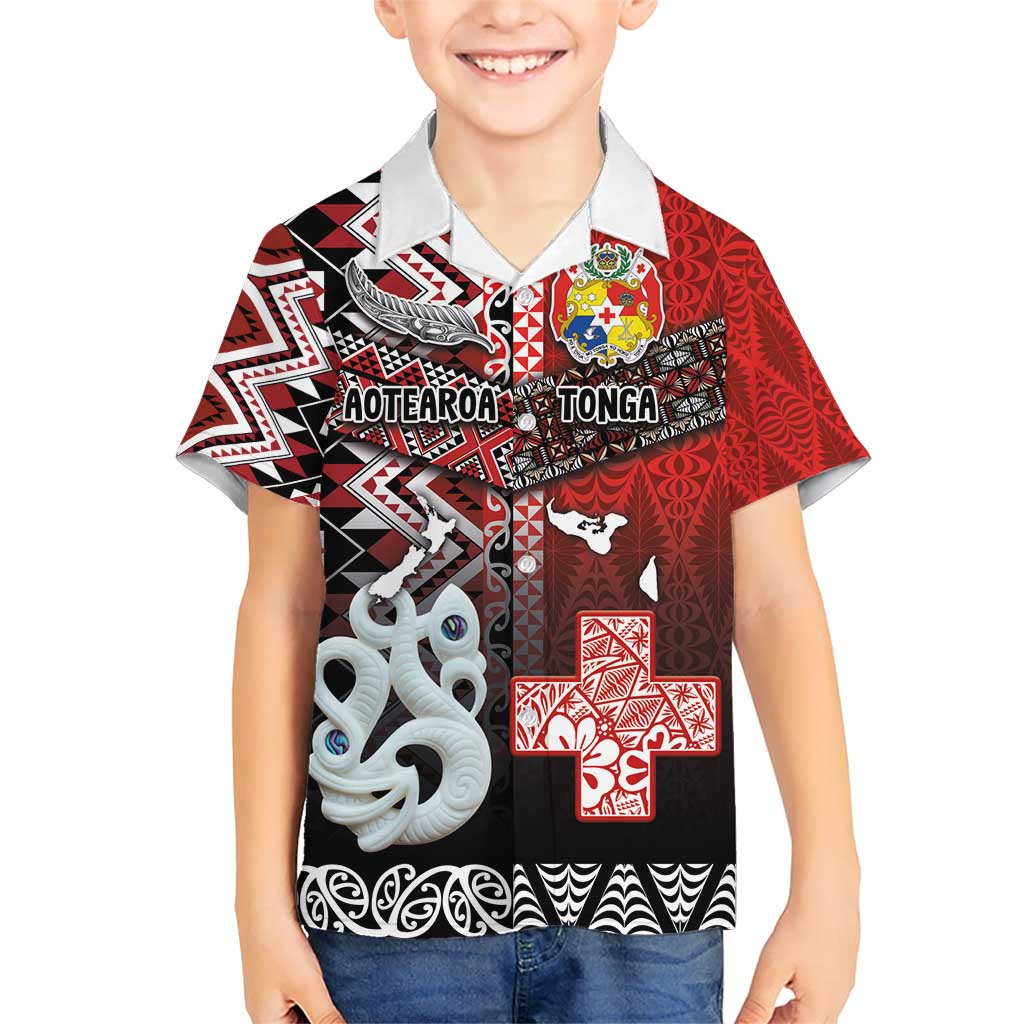 Personalised Aotearoa and Tonga Together Family Matching Short Sleeve Bodycon Dress and Hawaiian Shirt Manaia and Tongan Tribal Cross - Taniko and Ngatu Art Tattoo