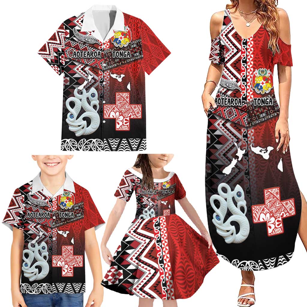 Personalised Aotearoa and Tonga Together Family Matching Summer Maxi Dress and Hawaiian Shirt Manaia and Tongan Tribal Cross - Taniko and Ngatu Art Tattoo