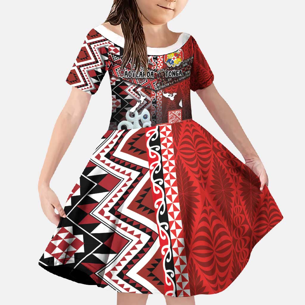 Personalised Aotearoa and Tonga Together Family Matching Tank Maxi Dress and Hawaiian Shirt Manaia and Tongan Tribal Cross - Taniko and Ngatu Art Tattoo LT03 Daughter's Dress Red - Polynesian Pride