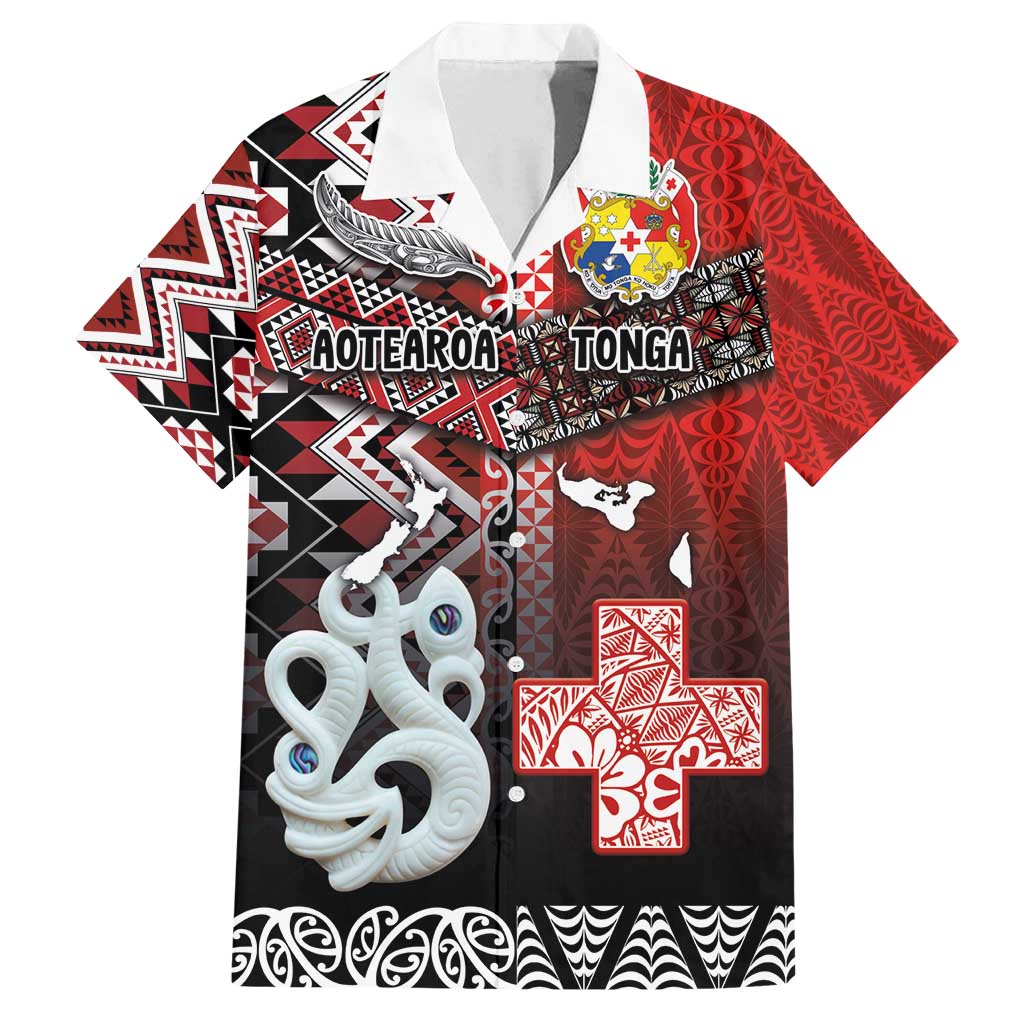 Personalised Aotearoa and Tonga Together Family Matching Tank Maxi Dress and Hawaiian Shirt Manaia and Tongan Tribal Cross - Taniko and Ngatu Art Tattoo LT03 Dad's Shirt - Short Sleeve Red - Polynesian Pride