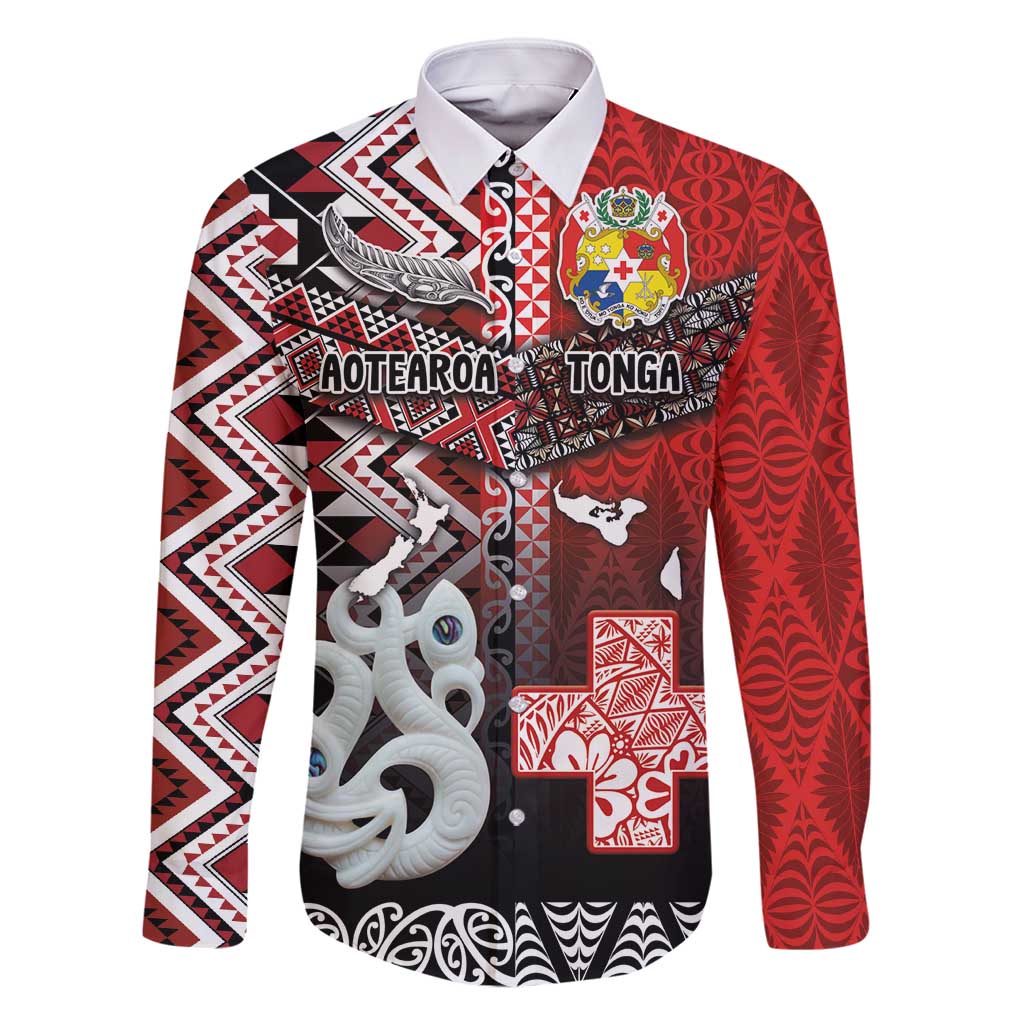 Personalised Aotearoa and Tonga Together Family Matching Tank Maxi Dress and Hawaiian Shirt Manaia and Tongan Tribal Cross - Taniko and Ngatu Art Tattoo LT03 Dad's Shirt - Long Sleeve Red - Polynesian Pride