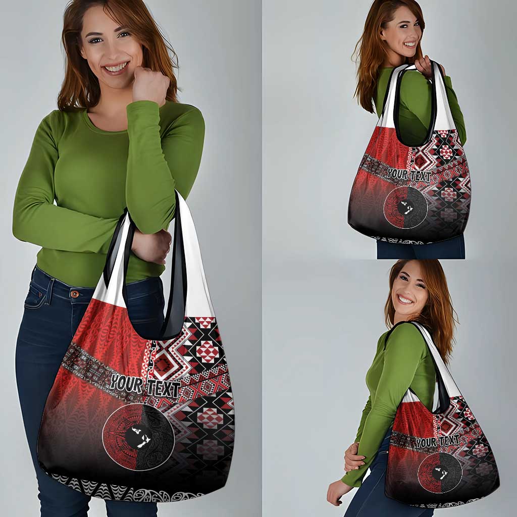 Personalised Aotearoa and Tonga Together Grocery Bag Manaia and Tongan Tribal Cross - Taniko and Ngatu Art Tattoo