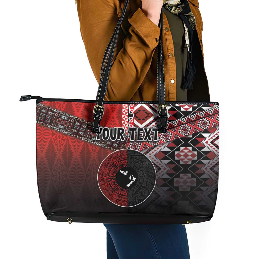 Personalised Aotearoa and Tonga Together Leather Tote Bag Manaia and Tongan Tribal Cross - Taniko and Ngatu Art Tattoo