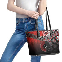 Personalised Aotearoa and Tonga Together Leather Tote Bag Manaia and Tongan Tribal Cross - Taniko and Ngatu Art Tattoo