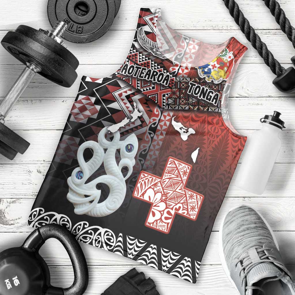 Personalised Aotearoa and Tonga Together Men Tank Top Manaia and Tongan Tribal Cross - Taniko and Ngatu Art Tattoo