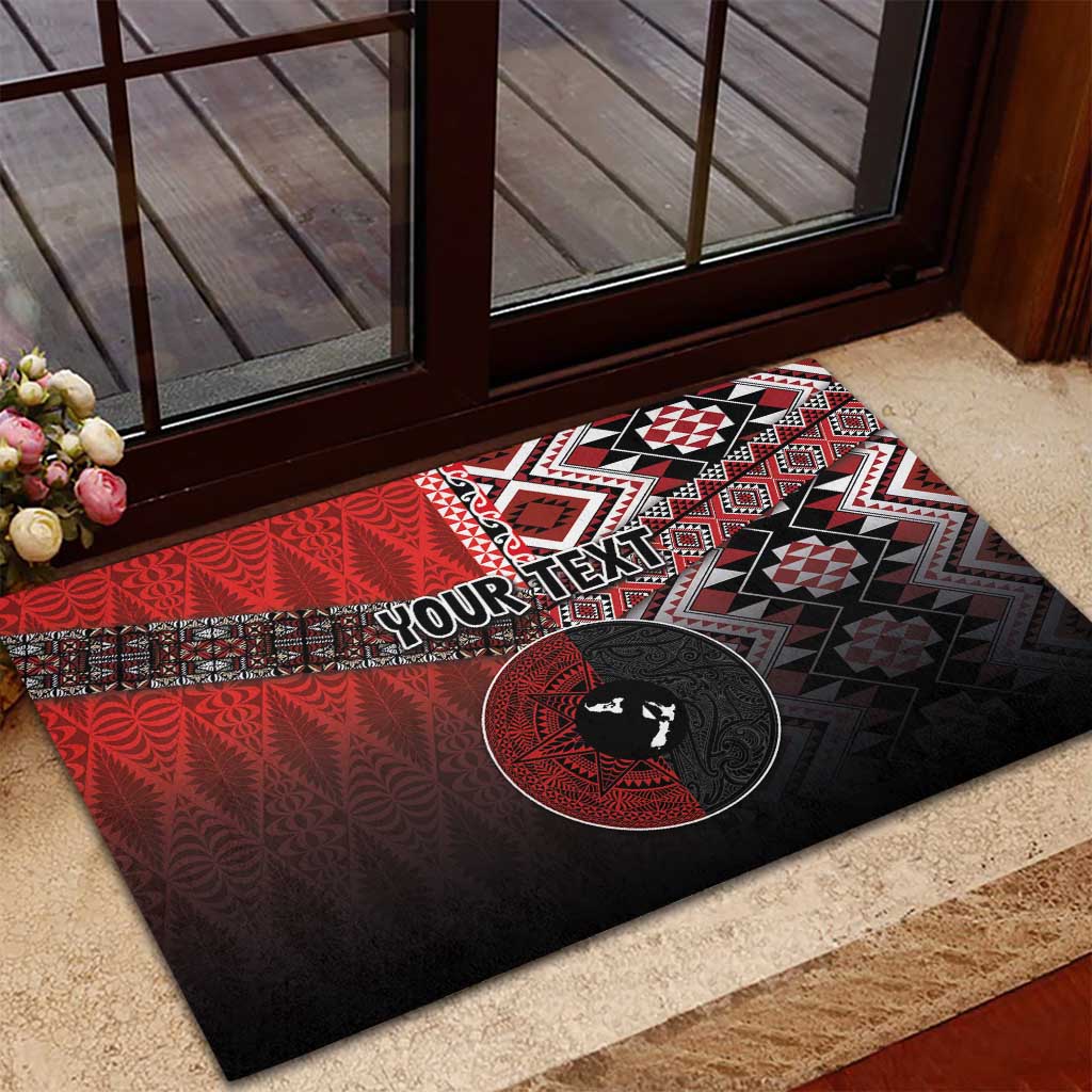 Personalised Aotearoa and Tonga Together Rubber Doormat Manaia and Tongan Tribal Cross - Taniko and Ngatu Art Tattoo