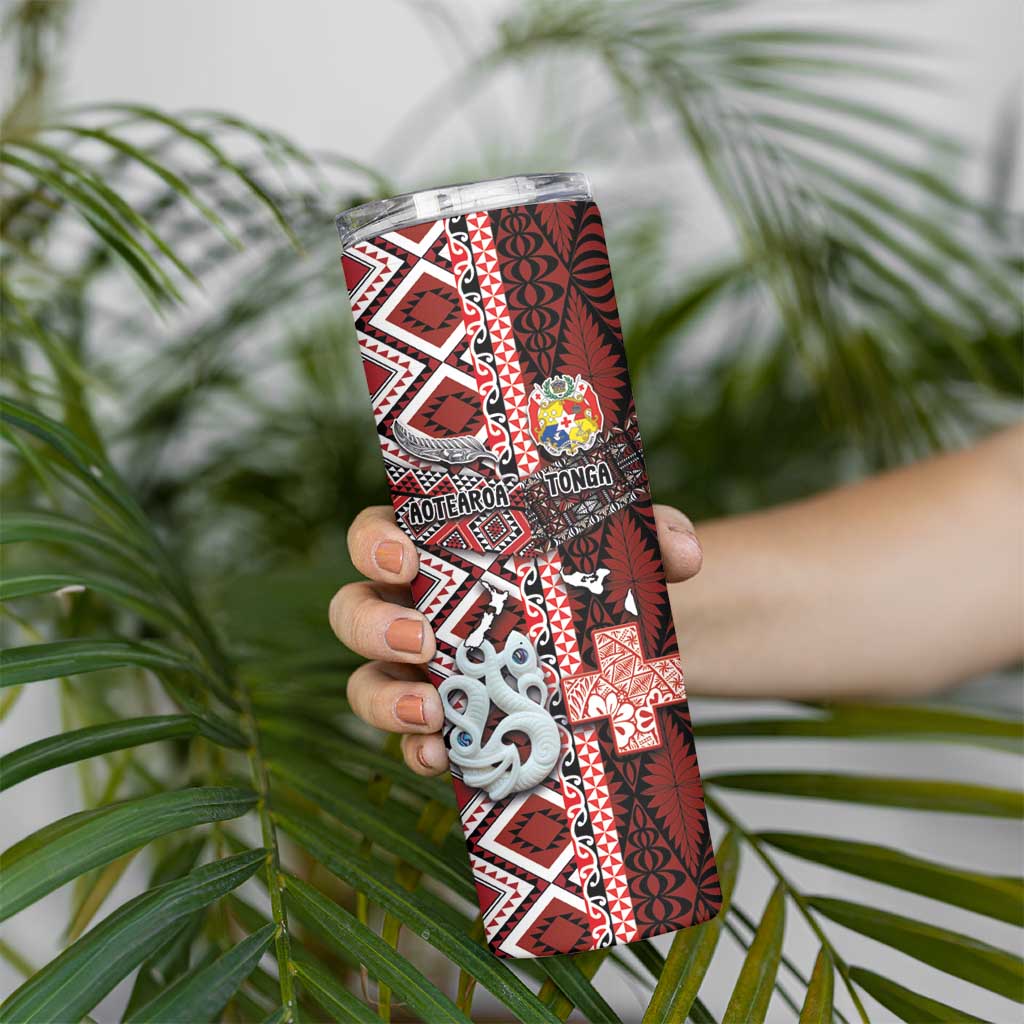 Personalised Aotearoa and Tonga Together Skinny Tumbler Manaia and Tongan Tribal Cross - Taniko and Ngatu Art Tattoo