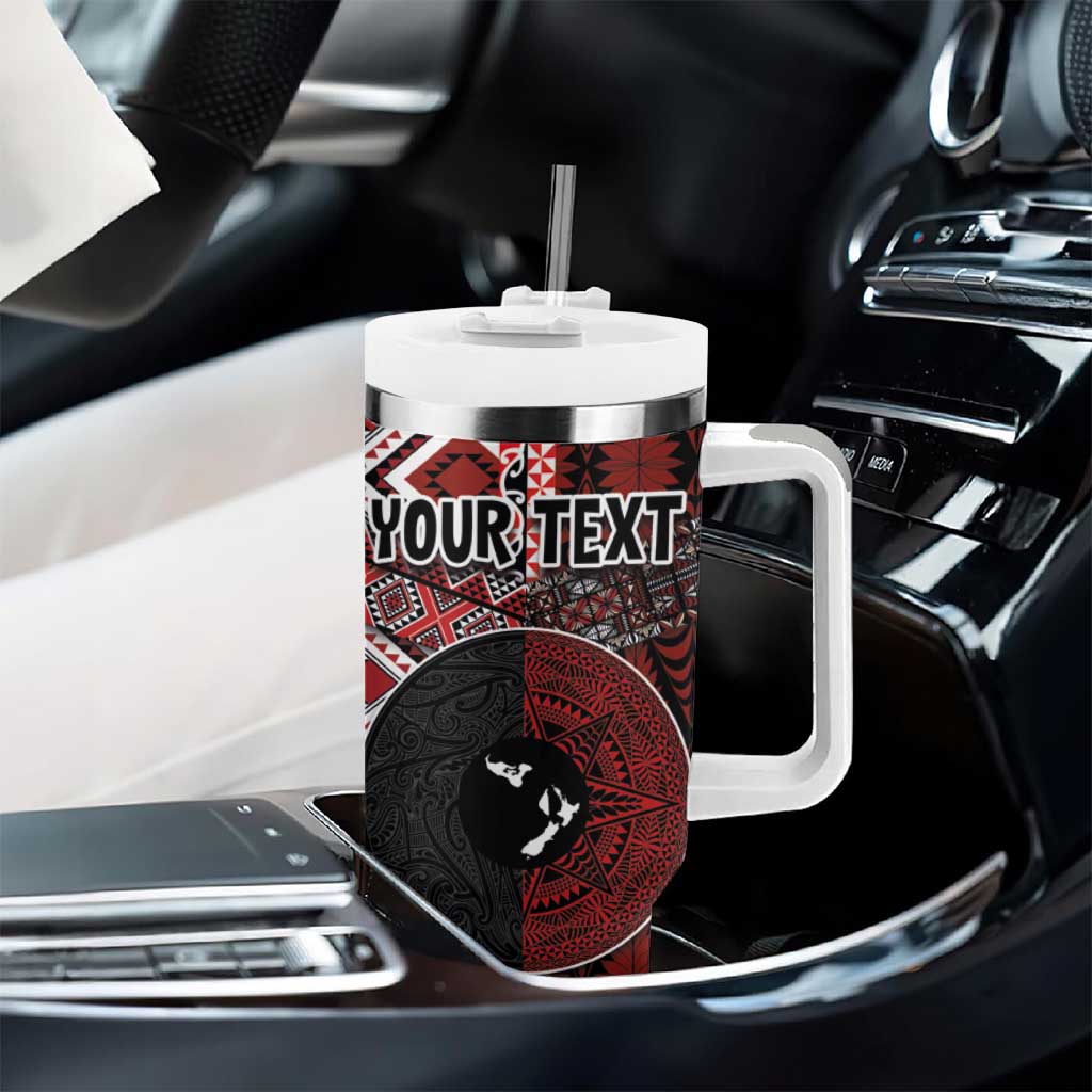 Personalised Aotearoa and Tonga Together Tumbler With Handle Manaia and Tongan Tribal Cross - Taniko and Ngatu Art Tattoo