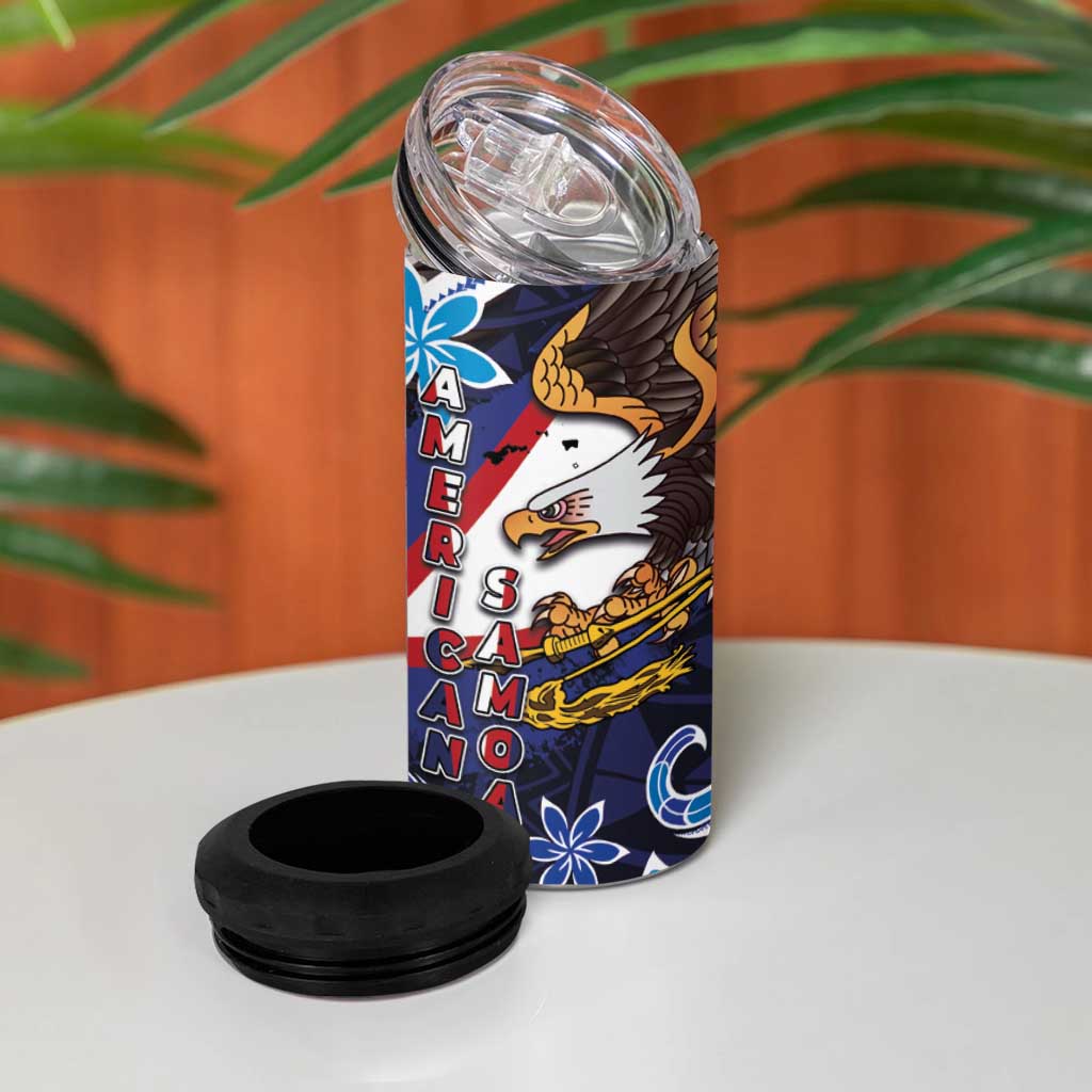 American Samoa Flag Day 4 in 1 Can Cooler Tumbler Bald Eagle with Uatogi and Fue - Polynesian and Floral Tribal Tattoo