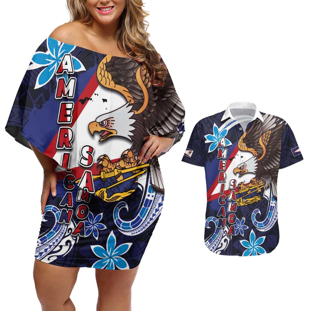 American Samoa Flag Day Couples Matching Off Shoulder Short Dress and Hawaiian Shirt Bald Eagle with Uatogi and Fue - Polynesian and Floral Tribal Tattoo LT03 Navy - Polynesian Pride