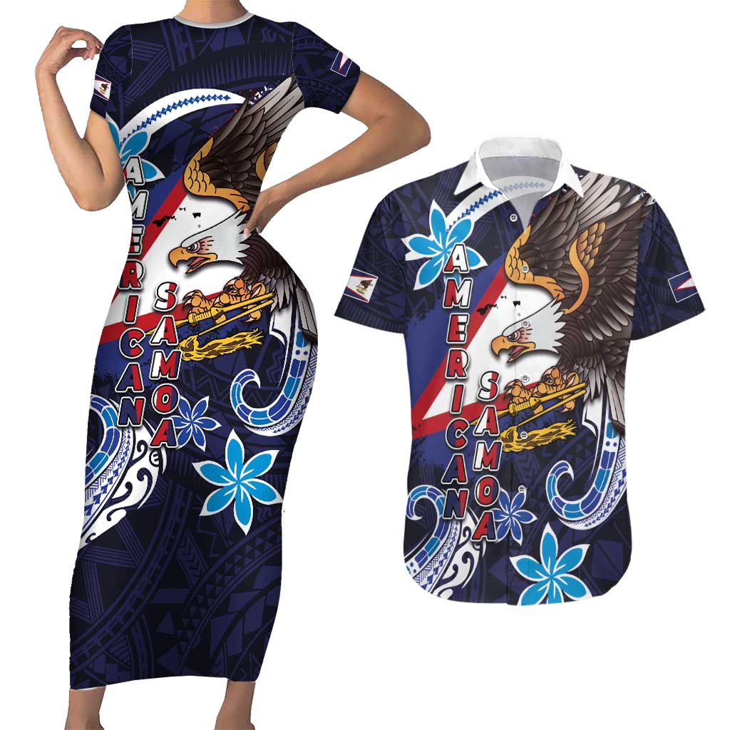 American Samoa Flag Day Couples Matching Short Sleeve Bodycon Dress and Hawaiian Shirt Bald Eagle with Uatogi and Fue - Polynesian and Floral Tribal Tattoo LT03 Navy - Polynesian Pride