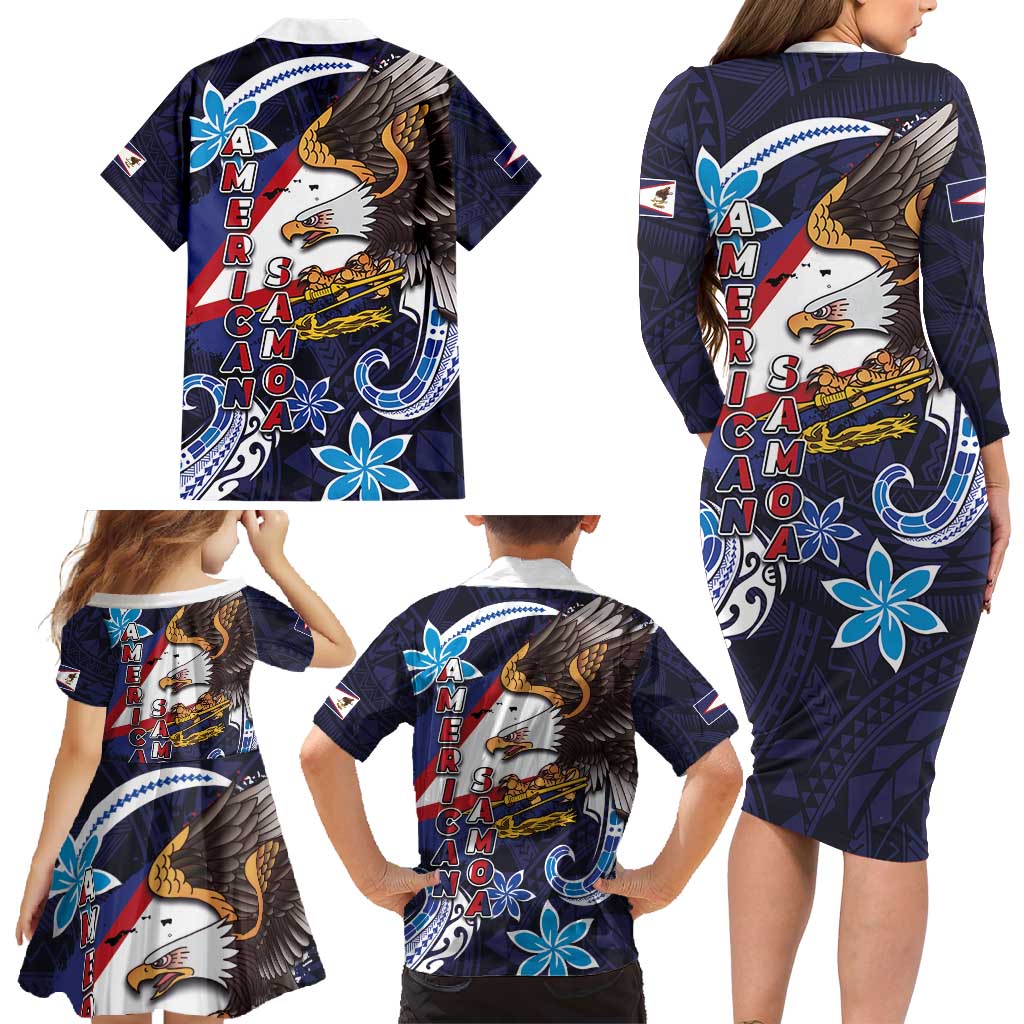 American Samoa Flag Day Family Matching Long Sleeve Bodycon Dress and Hawaiian Shirt Bald Eagle with Uatogi and Fue - Polynesian and Floral Tribal Tattoo