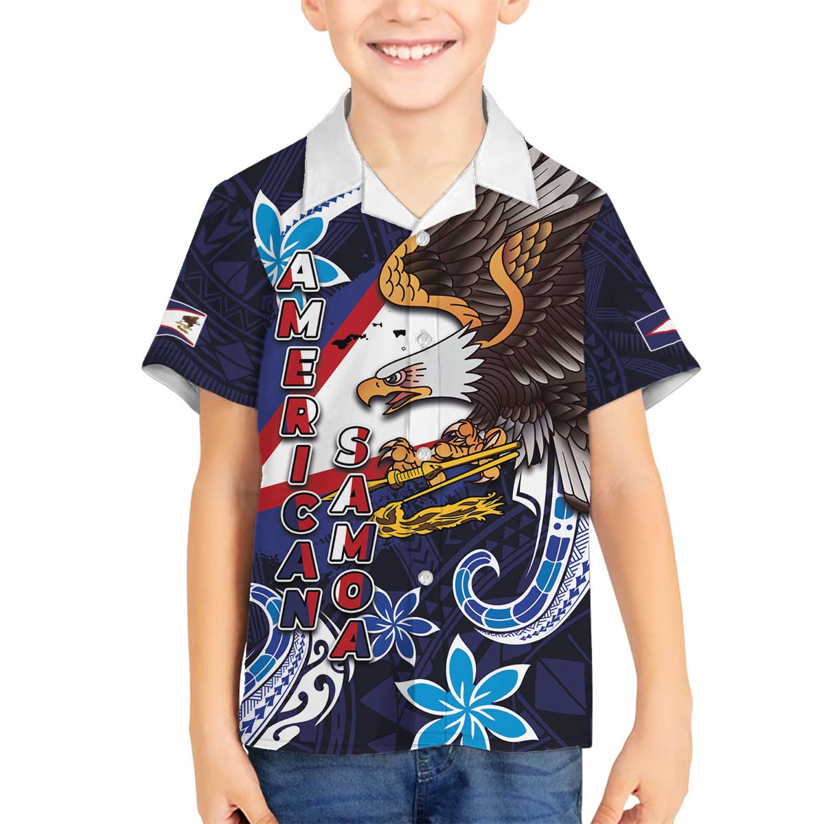 American Samoa Flag Day Family Matching Off The Shoulder Long Sleeve Dress and Hawaiian Shirt Bald Eagle with Uatogi and Fue - Polynesian and Floral Tribal Tattoo