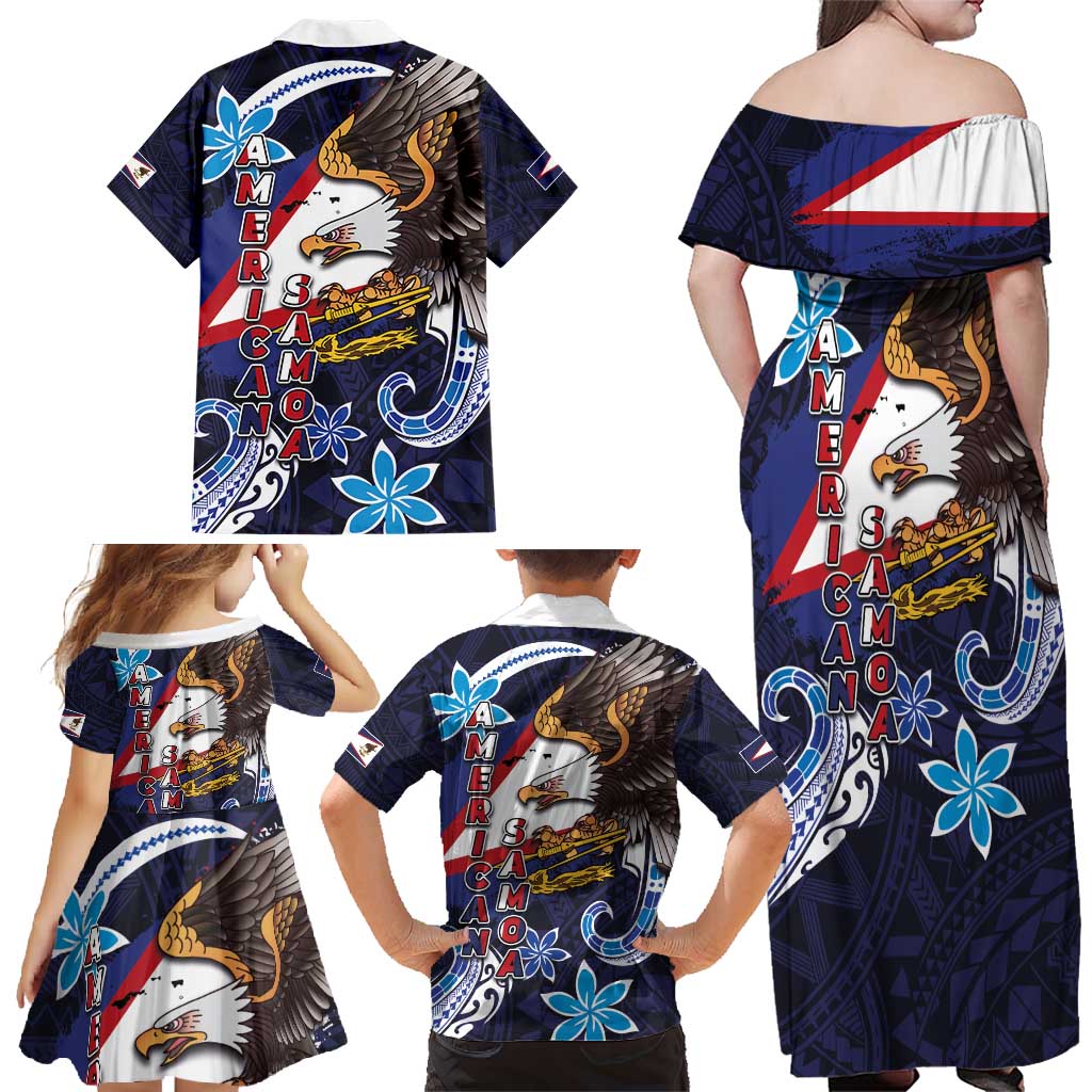 American Samoa Flag Day Family Matching Off Shoulder Maxi Dress and Hawaiian Shirt Bald Eagle with Uatogi and Fue - Polynesian and Floral Tribal Tattoo
