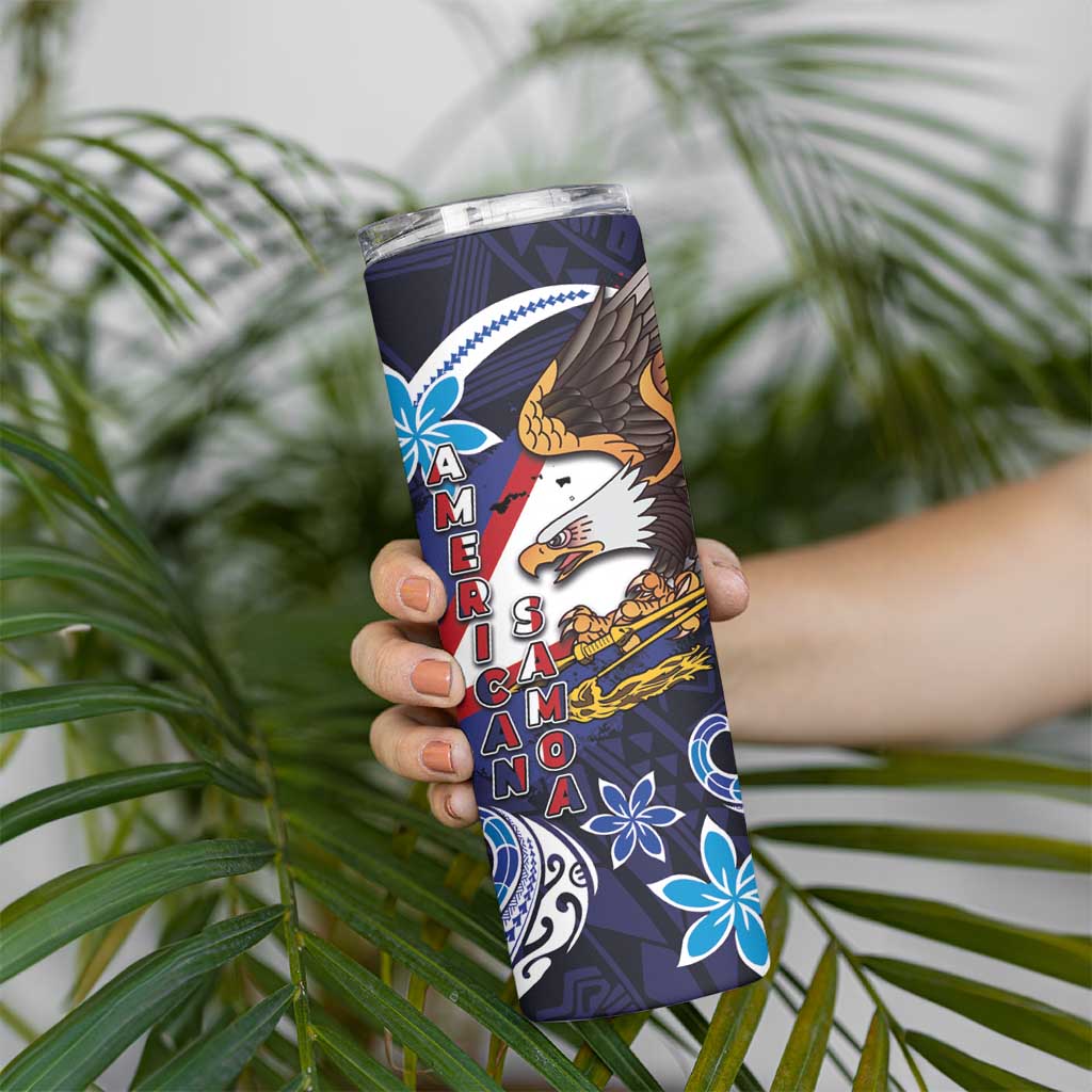 American Samoa Flag Day Skinny Tumbler Bald Eagle with Uatogi and Fue - Polynesian and Floral Tribal Tattoo