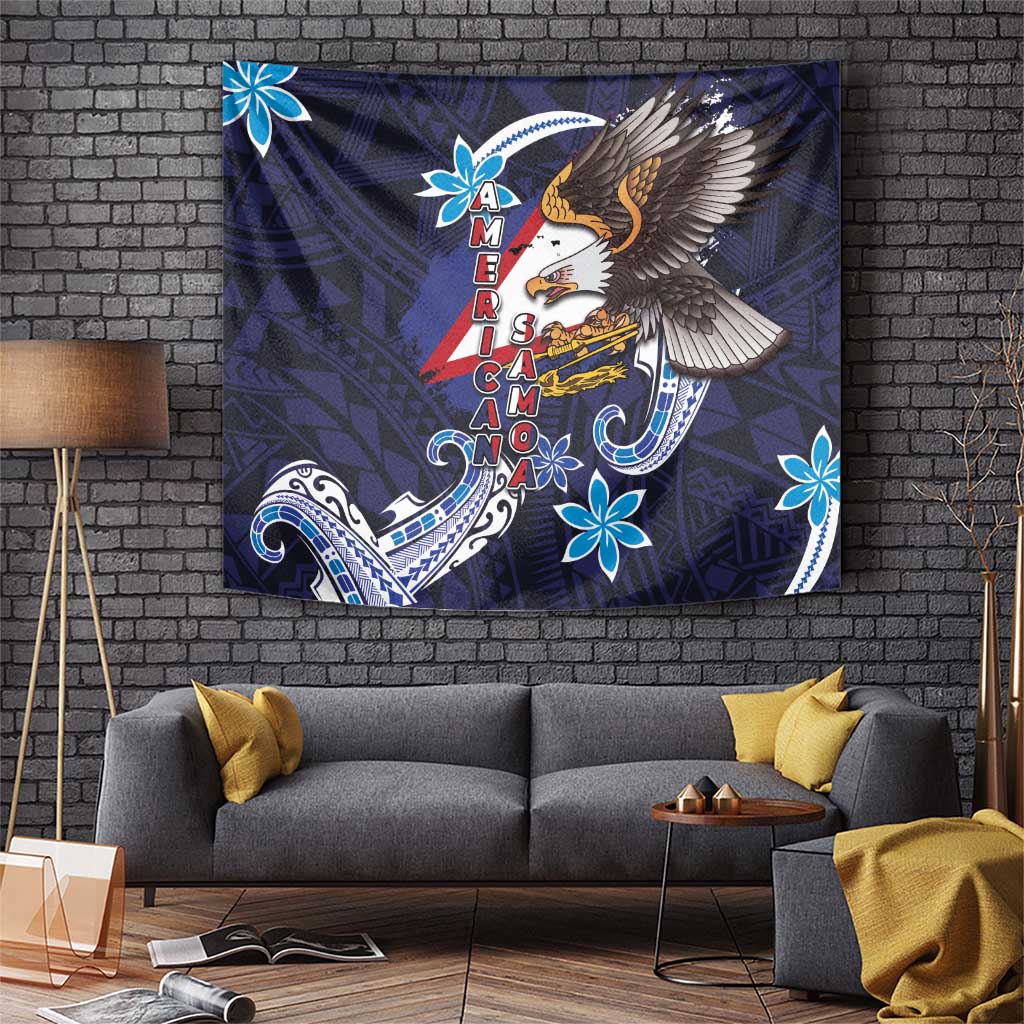 American Samoa Flag Day Tapestry Bald Eagle with Uatogi and Fue - Polynesian and Floral Tribal Tattoo LT03 Navy - Polynesian Pride